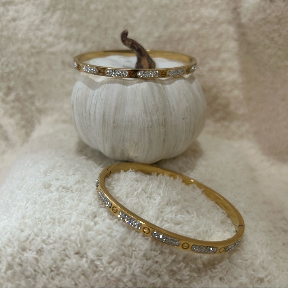 GOLD-TONE PAVE CUBIC ZIRCONIA RHINESTONE AND SCREW HINGED BANGLE BRACELET NWOT